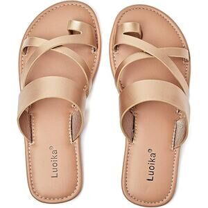 Luoika Womens 7.5W Gold Toe Strap Slide On Flats Sandals Flip Flop Shoes